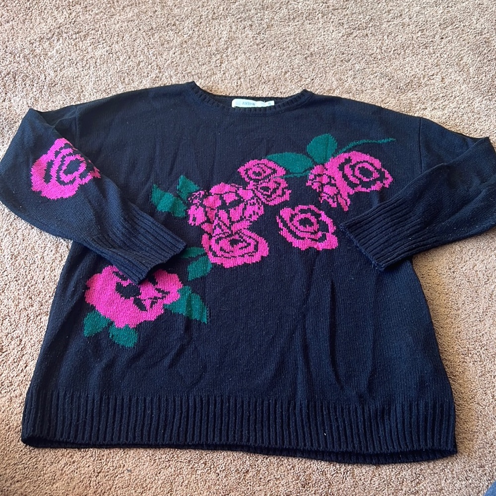 Just Fab black sweater with hot pink flowers